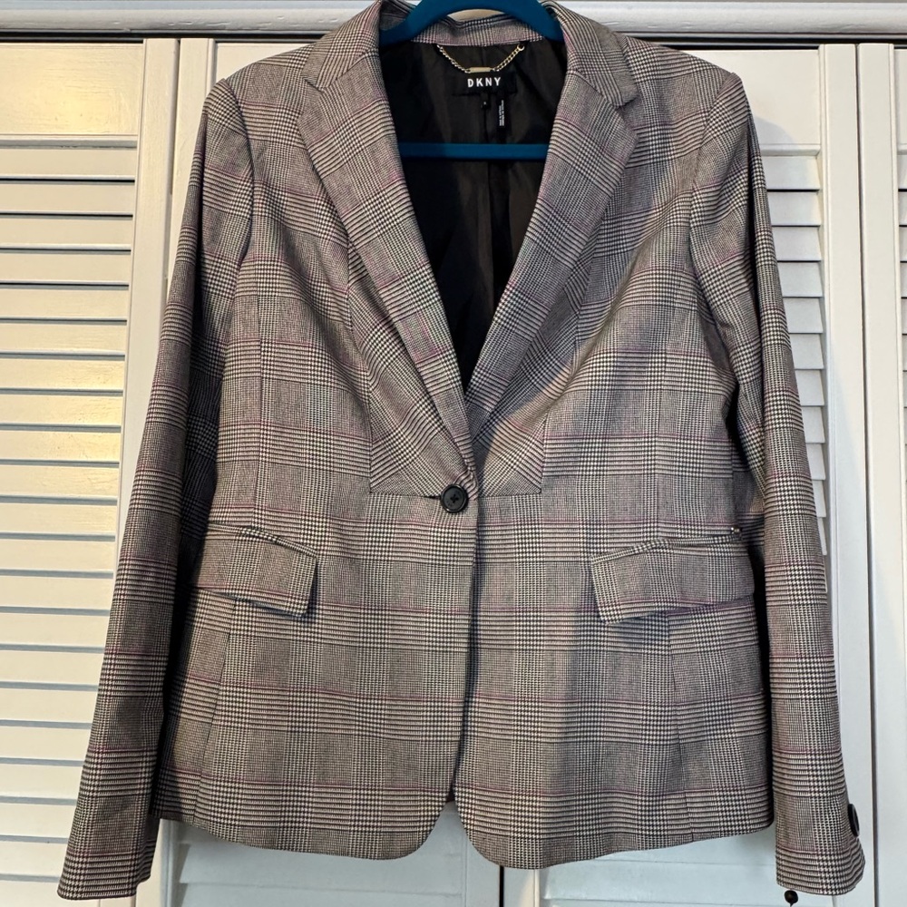 DKNY Gray Plaid Blazer with Pink Accents